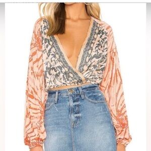 Free people long sleeve mix printed -V-Neck Blouse